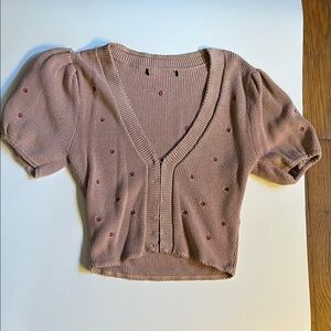 Pink Puff Sleeve Cardigan with Embroidered Details